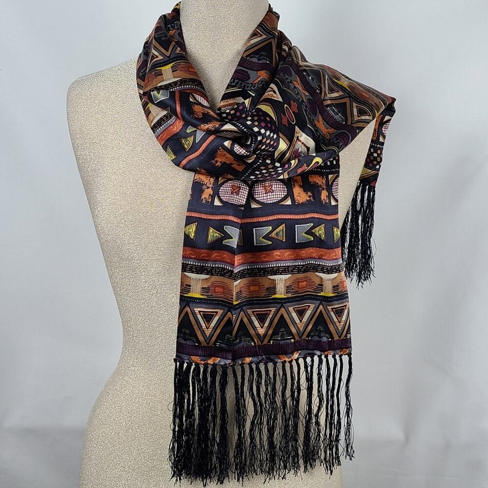 Silk fringed multi color geometric striped print scarf 10.5 x 48